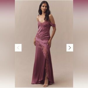 Anthropologie AMUR Reese Off-Shoulder Cascade Lace Satin Maxi Dress Revolve Sz14